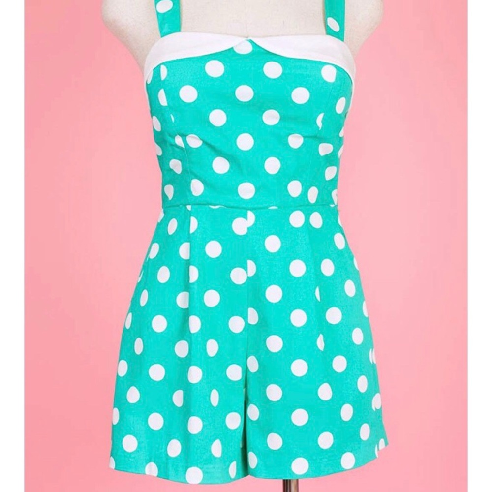 Teal polka dot romper